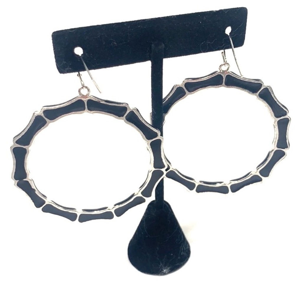 Cloisonné Hoop Earrings Black/Silver, Fish Hook Backs, 2.25” - Picture 2 of 3